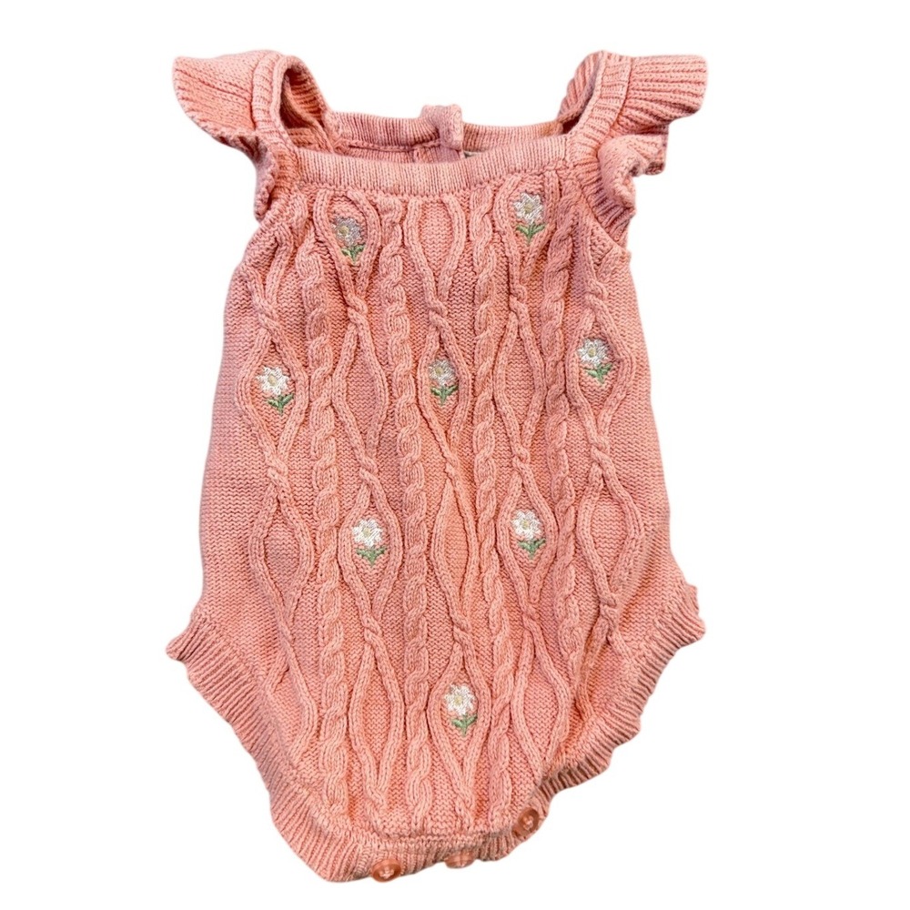 Nicole Miller New York Baby Girls Pink Cable‎ Knit Floral Embroidered Romper 12M